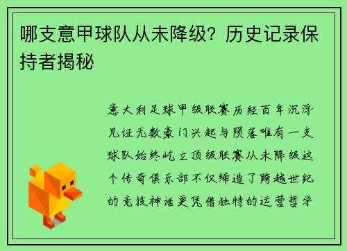 哪支意甲球队从未降级？历史记录保持者揭秘